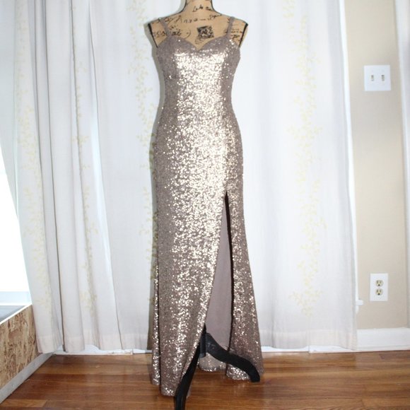 Sherri Hill Gold Sequin High Slit Maxi Formal Prom Gown Dress Women's Size